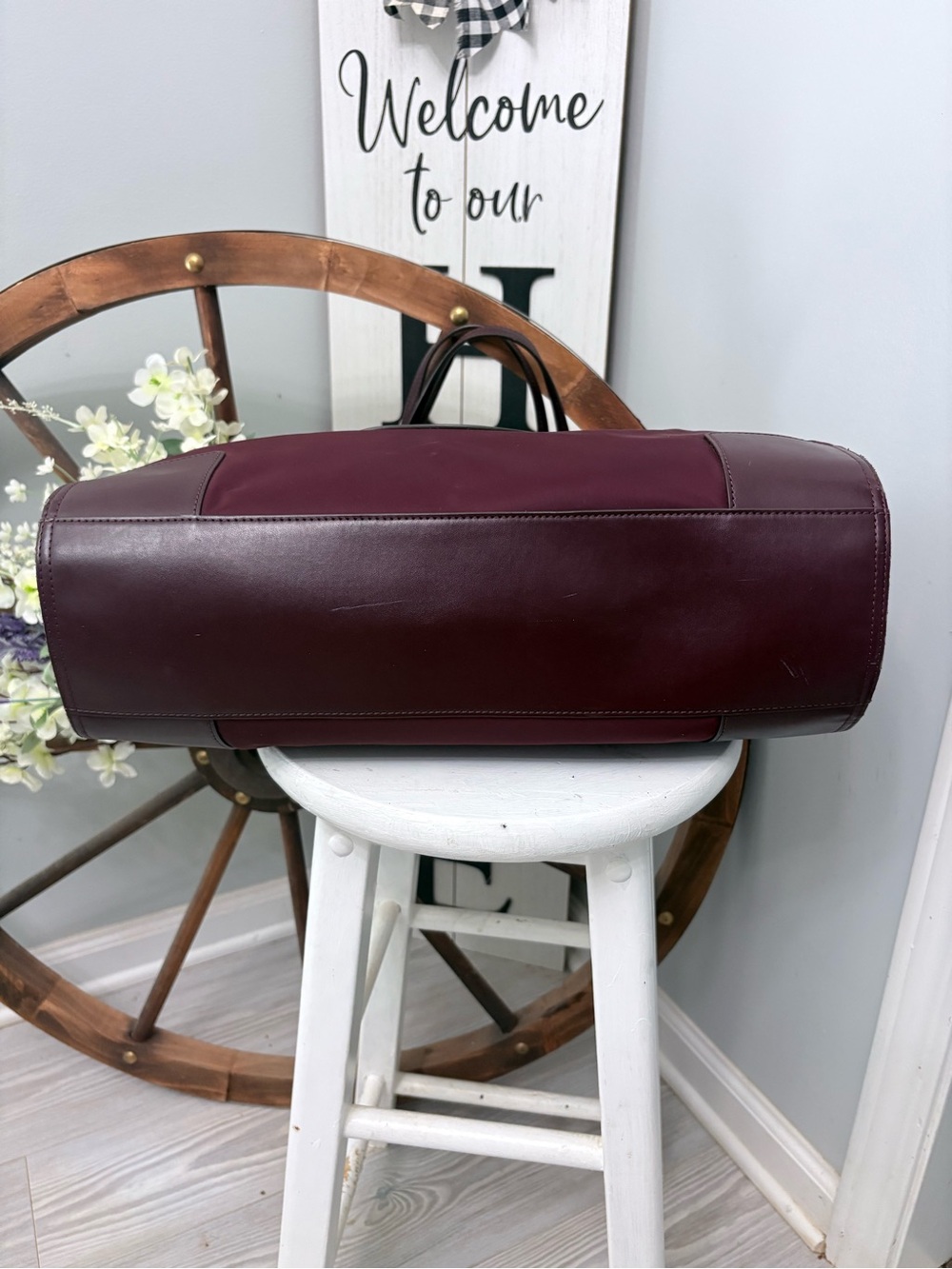 Tory Burch Maroon Nylon Logo Tote with Dark Brown Trim - Picture 7 of 9